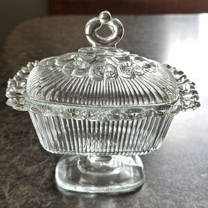 Vintage Clear Indiana Glass Lace‎ Edge Pedestal Candy Dish Compote  w/Lid